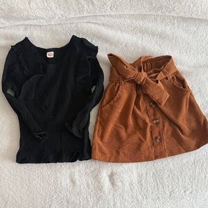 Amazon Kids Matching Set Black Ribbed Top and Brown Corduroy Skirt